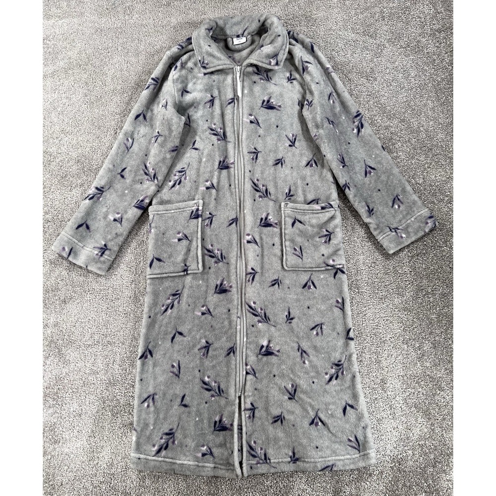 Croft & Barrow Fleece Zip Front Robe Womens Sz Petite Small Gray Floral Pockets